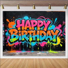 Lofaris Vibrant Graffiti Happy Birthday Backdrop with Neon Colors Urban Street Art Background for Party Decor and Photoshoot