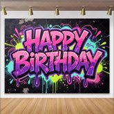 Lofaris Vibrant Graffiti Happy Birthday Backdrop with Neon Splatters Cool Hip Hop Party Background for Photo Booth Decor