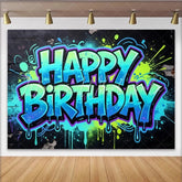 Lofaris Vibrant Graffiti Happy Birthday Backdrop with Paint Splatter Colorful Street Art Style Photo Background for Party Decor