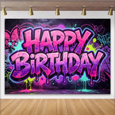 Lofaris Vibrant Graffiti Happy Birthday Backdrop with Pink and Purple Splatters Urban Style Party Decor for Celebration Photoshoot