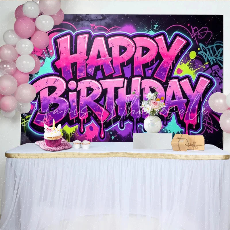 Lofaris Vibrant Graffiti Happy Birthday Backdrop with Pink and Purple Splatters Urban Style Party Decor for Celebration Photoshoot