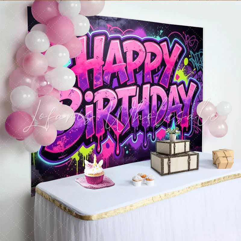 Lofaris Vibrant Graffiti Happy Birthday Backdrop with Pink and Purple Splatters Urban Style Party Decor for Celebration Photoshoot