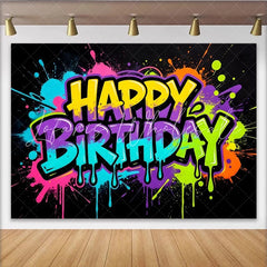 Lofaris Vibrant Graffiti Neon Happy Birthday Backdrop with Paint Splatter Design Modern Photo Booth Background for Celebration