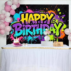 Lofaris Vibrant Graffiti Neon Happy Birthday Backdrop with Paint Splatter Design Modern Photo Booth Background for Celebration