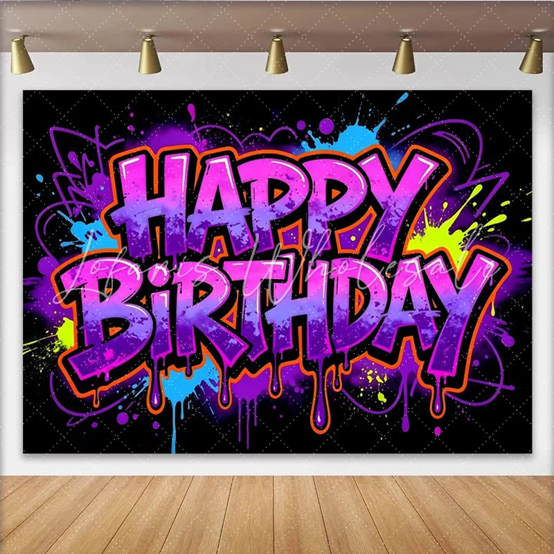 Lofaris Vibrant Graffiti Neon Happy Birthday Backdrop with Paint Splatters and Drips Colorful Party Background for Celebrations