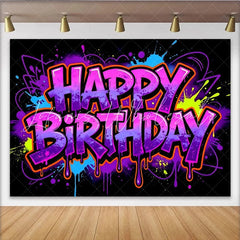 Lofaris Vibrant Graffiti Neon Happy Birthday Backdrop with Paint Splatters and Drips Colorful Party Background for Celebrations