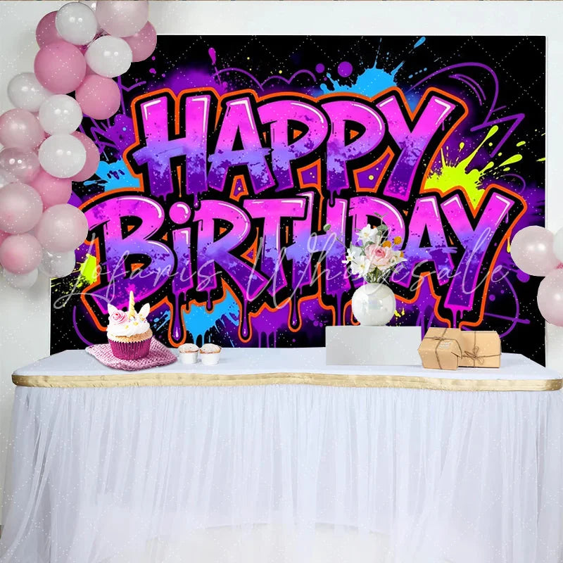 Lofaris Vibrant Graffiti Neon Happy Birthday Backdrop with Paint Splatters and Drips Colorful Party Background for Celebrations