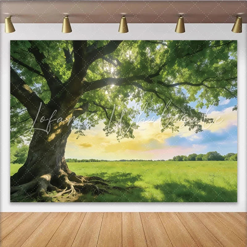 Lofaris Vibrant Green Tree Photography Backdrop with Sunlight and Roots Serene Natural Scenery Background for Outdoor Photoshoot