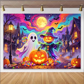 Lofaris Vibrant Halloween Backdrop with Ghost and Pumpkin Scarecrow Spooky Village Background for Party Decoration.