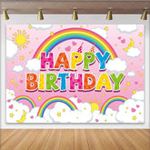 Lofaris Vibrant Happy Birthday Party Backdrop with Rainbow Fluffy Clouds and Twinkling Stars Pink Sky Decor