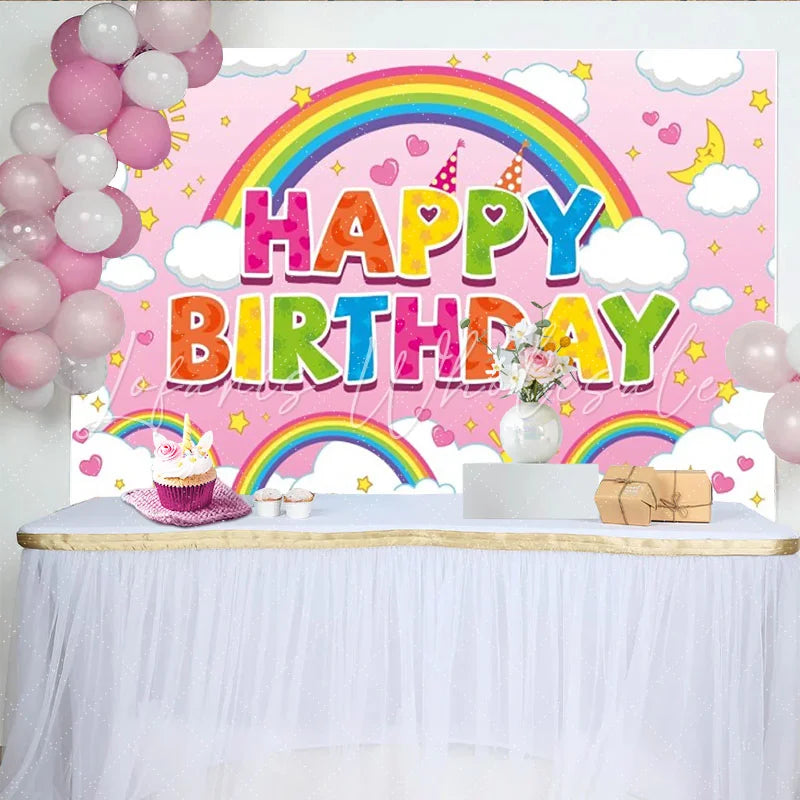 Lofaris Vibrant Happy Birthday Party Backdrop with Rainbow Fluffy Clouds and Twinkling Stars Pink Sky Decor