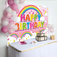 Lofaris Vibrant Happy Birthday Party Backdrop with Rainbow Fluffy Clouds and Twinkling Stars Pink Sky Decor