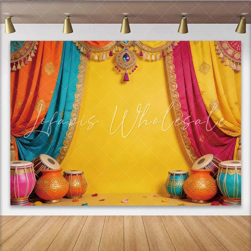 Lofaris Vibrant Indian Festival Backdrop with Colorful Drapes Traditional Instruments and Elegant Photo Background for Cultural