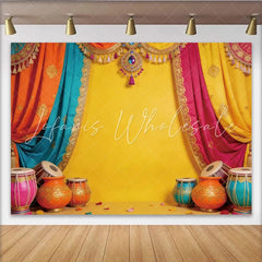 Lofaris Vibrant Indian Festival Backdrop with Colorful Drapes Traditional Instruments and Elegant Photo Background for Cultural