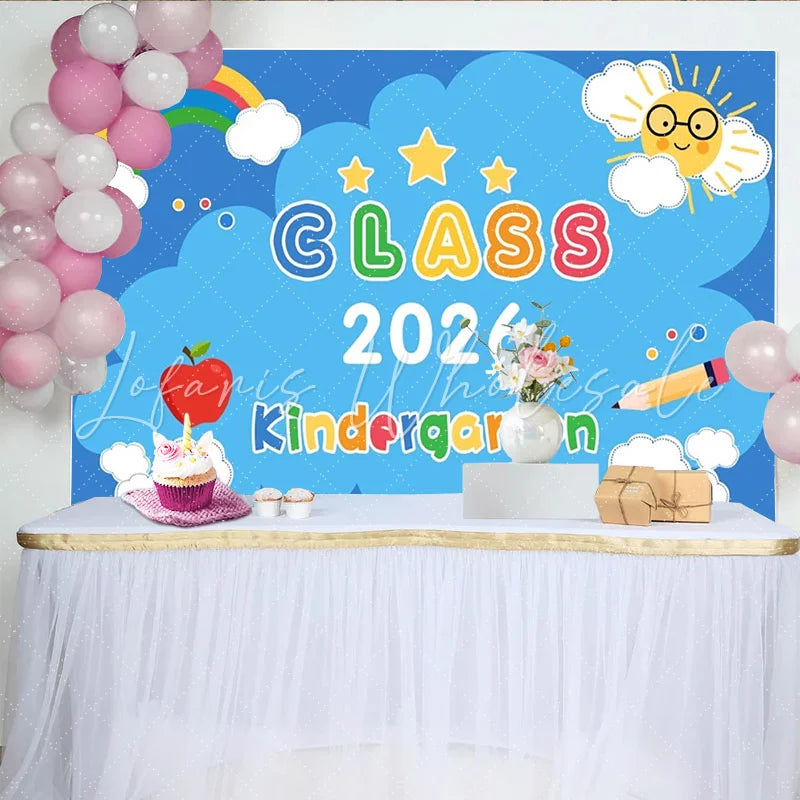 Lofaris Vibrant Kindergarten Class 2026 Party Backdrop Rainbow Sun Apple Pencil for Graduation Decor