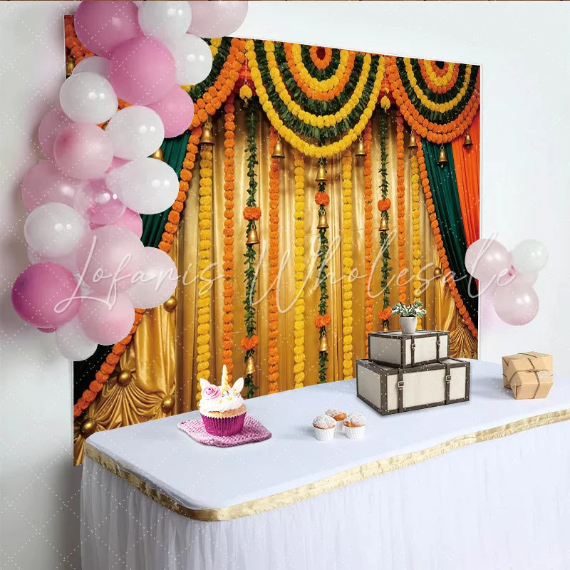 Lofaris Vibrant Marigold Wedding Backdrop with Golden Bells and Green Garlands Elegant Festive Event Decor for Photography and Celebrations.