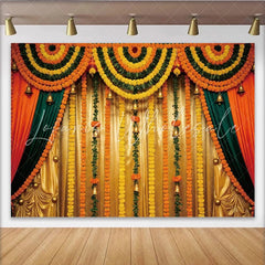 Lofaris Vibrant Marigold Wedding Backdrop with Golden Bells and Green Garlands Elegant Festive Event Decor for Photography and Celebrations.