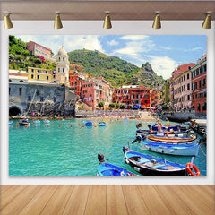 Lofaris Vibrant Mediterranean Coastal Town Photography Backdrop Colorful Buildings and Turquoise Water Scenic Background