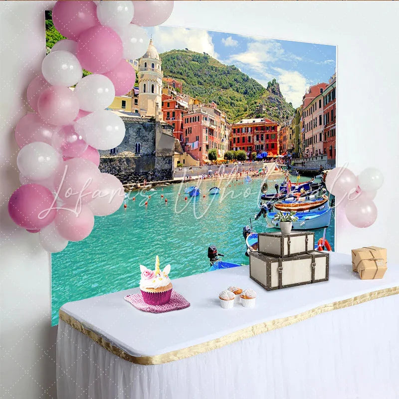 Lofaris Vibrant Mediterranean Coastal Town Photography Backdrop Colorful Buildings and Turquoise Water Scenic Background