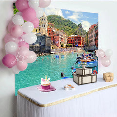 Lofaris Vibrant Mediterranean Coastal Town Photography Backdrop Colorful Buildings and Turquoise Water Scenic Background