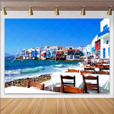 Lofaris Vibrant Mediterranean Coastal Village Photography Backdrop Scenic Blue Sea Background for Travel Theme Party