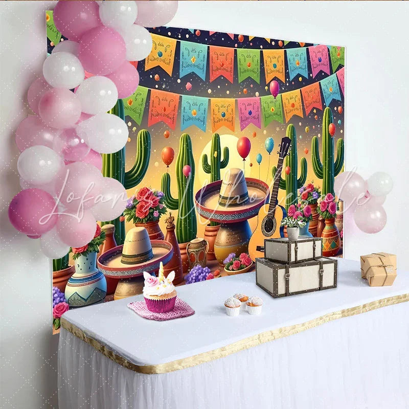 Lofaris Vibrant Mexican Fiesta Backdrop with Cacti and Sombrero Colorful Balloons and Guitar Party Background