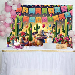 Lofaris Vibrant Mexican Fiesta Backdrop with Cacti and Sombrero Colorful Balloons and Guitar Party Background
