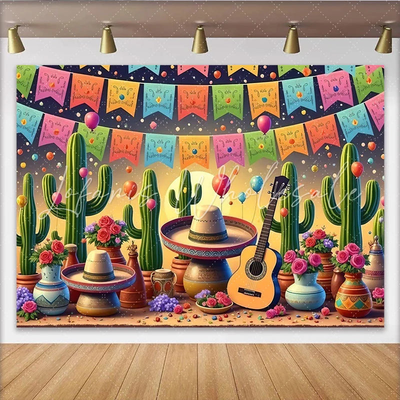 Lofaris Vibrant Mexican Fiesta Backdrop with Cacti and Sombrero Colorful Balloons and Guitar Party Background