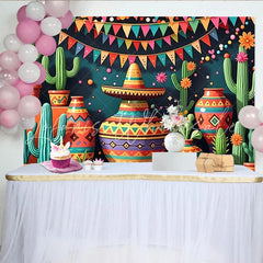 Lofaris Vibrant Mexican Fiesta Backdrop with Cacti and Sombrero Colorful Pottery and Bunting Party Decor for Celebration Photography