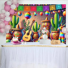 Lofaris Vibrant Mexican Fiesta Backdrop with Cacti Sombreros and Guitar Colorful Party Background for Cinco de Mayo Celebration