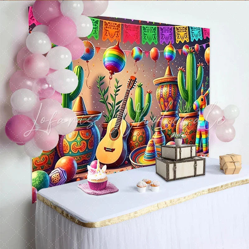 Lofaris Vibrant Mexican Fiesta Backdrop with Cacti Sombreros and Guitar Colorful Party Background for Cinco de Mayo Celebration