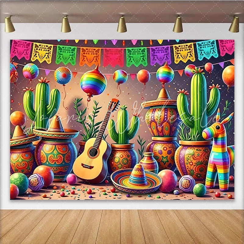 Lofaris Vibrant Mexican Fiesta Backdrop with Cacti Sombreros and Guitar Colorful Party Background for Cinco de Mayo Celebration