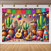 Lofaris Vibrant Mexican Fiesta Backdrop with Cacti Sombreros and Guitar Colorful Party Background for Cinco de Mayo Celebration