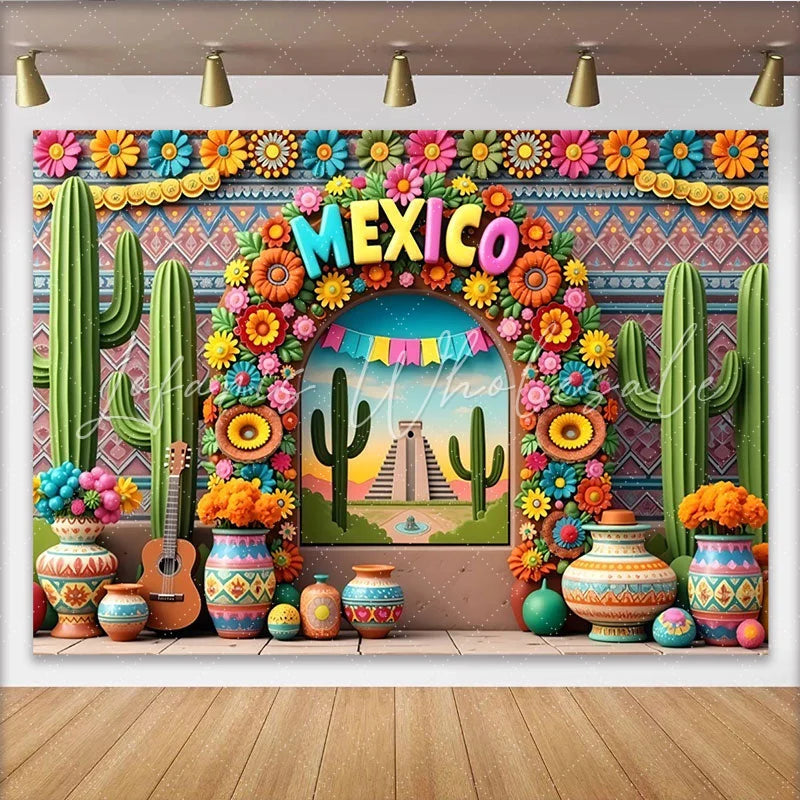 Lofaris Vibrant Mexican Fiesta Backdrop with Colorful 3D Flowers Lively Party Decor Background for Photography