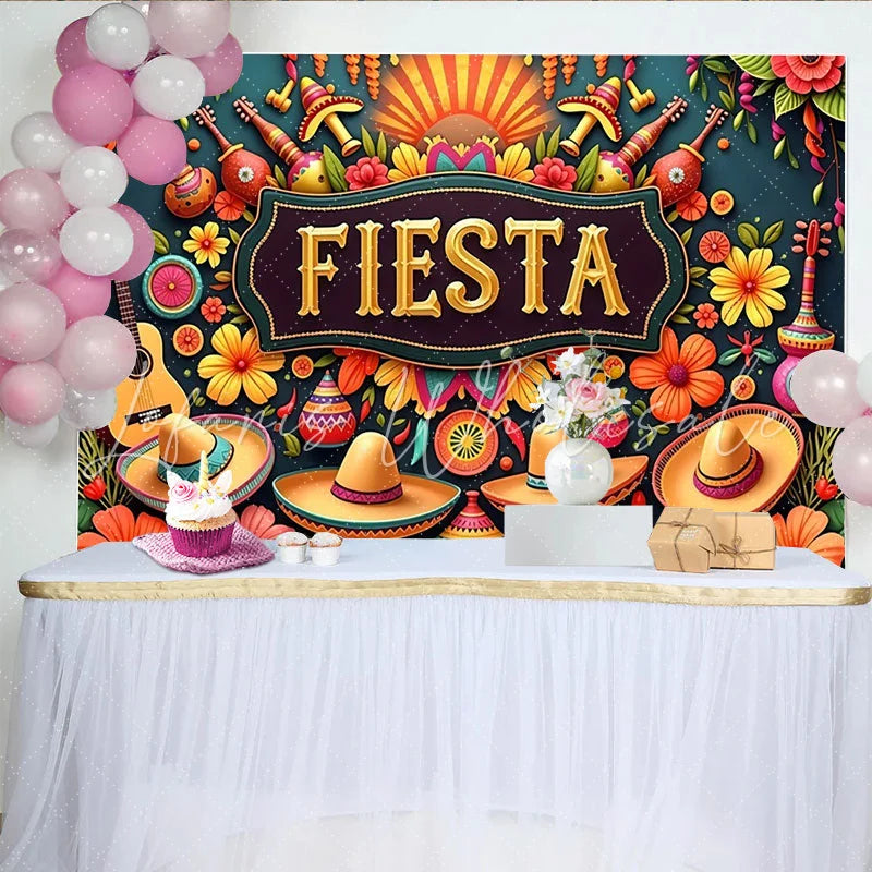Lofaris Vibrant Mexican Fiesta Backdrop with Colorful Flowers and Sombreros Party Decoration for Celebration Photography