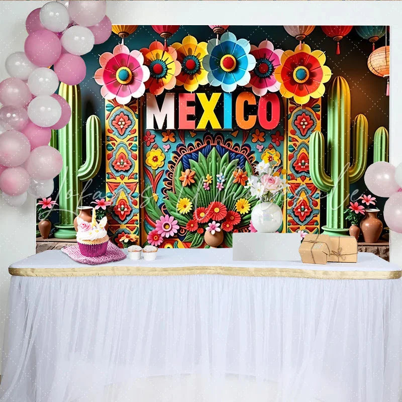 Lofaris Vibrant Mexican Fiesta Backdrop with Colorful Flowers Cacti and Mexico Text Festive Party Decoration Photo Booth Background