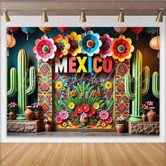 Lofaris Vibrant Mexican Fiesta Backdrop with Colorful Flowers Cacti and Mexico Text Festive Party Decoration Photo Booth Background