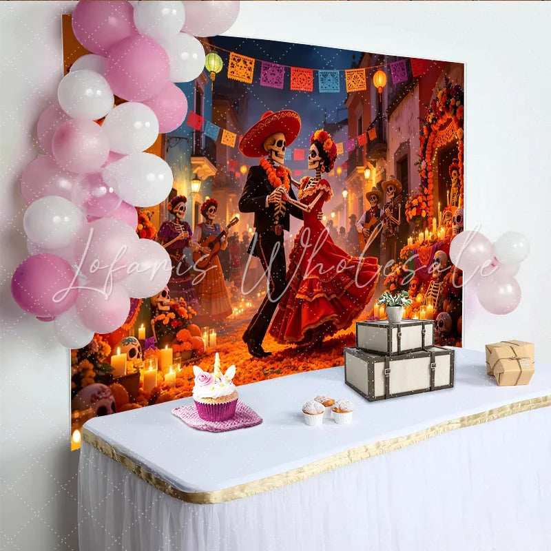 Lofaris Vibrant Mexican Fiesta Backdrop with Dancing Skeletons and Marigolds Colorful Photography Background for Cultural Celebration