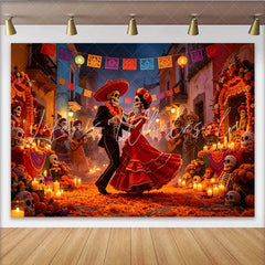Lofaris Vibrant Mexican Fiesta Backdrop with Dancing Skeletons and Marigolds Colorful Photography Background for Cultural Celebration