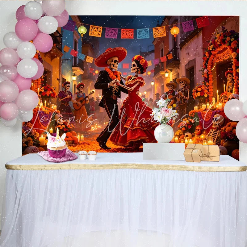 Lofaris Vibrant Mexican Fiesta Backdrop with Dancing Skeletons and Marigolds Colorful Photography Background for Cultural Celebration