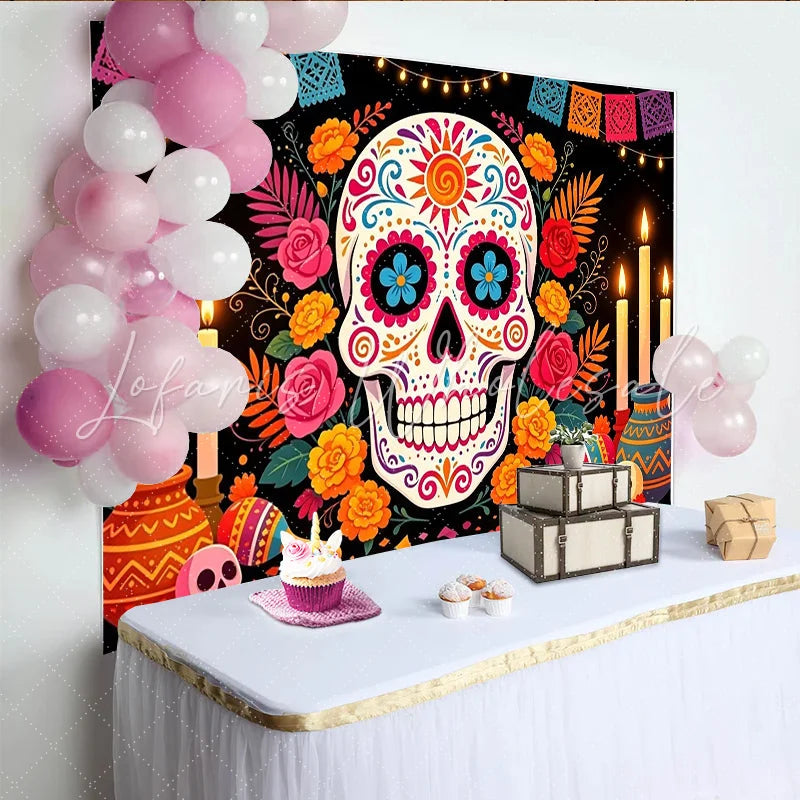 Lofaris Vibrant Mexican Fiesta Backdrop with Sugar Skull and Colorful Flowers Festive Party Decor for Day of the Dead Celebration