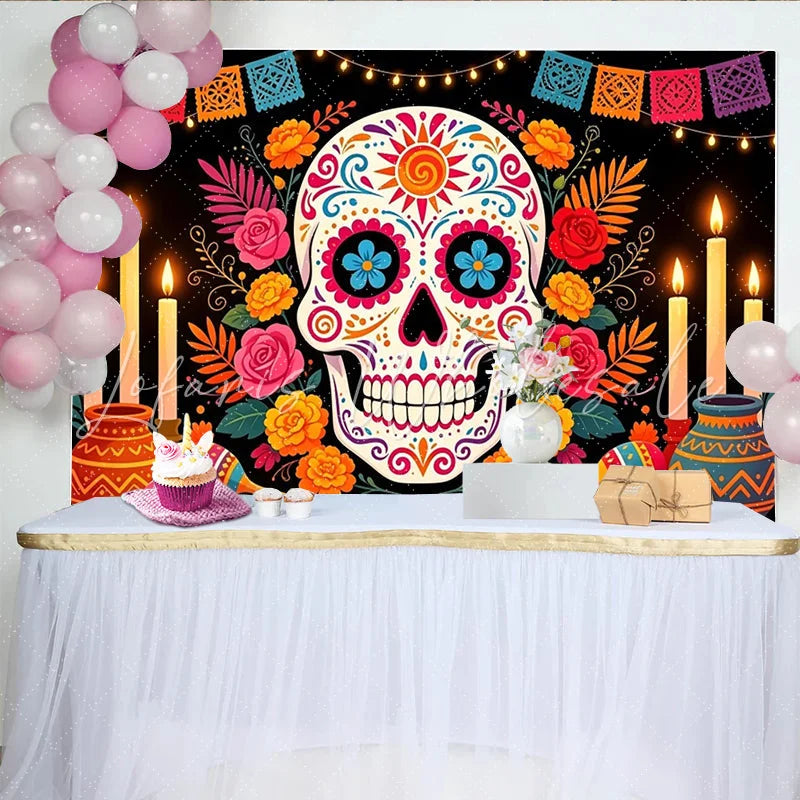 Lofaris Vibrant Mexican Fiesta Backdrop with Sugar Skull and Colorful Flowers Festive Party Decor for Day of the Dead Celebration