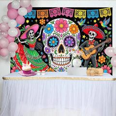 Lofaris Vibrant Mexican Fiesta Backdrop with Sugar Skull and Dancing Skeletons Colorful Day of the Dead Party Decor