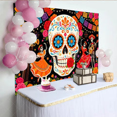 Lofaris Vibrant Mexican Fiesta Backdrop with Sugar Skull and Dancing Skeletons Colorful Day of the Dead Party Background for Celebration