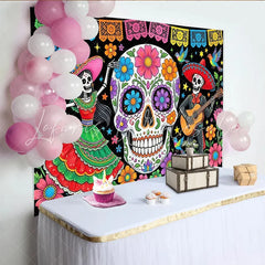 Lofaris Vibrant Mexican Fiesta Backdrop with Sugar Skull and Dancing Skeletons Colorful Day of the Dead Party Decor