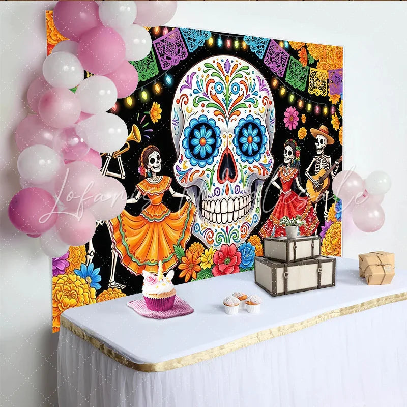 Lofaris Vibrant Mexican Fiesta Backdrop with Sugar Skull and Dancing Skeletons Festive Party Background for Cultural Event Photography