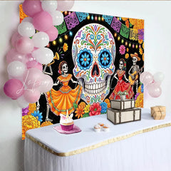 Lofaris Vibrant Mexican Fiesta Backdrop with Sugar Skull and Dancing Skeletons Festive Party Background for Cultural Event Photography