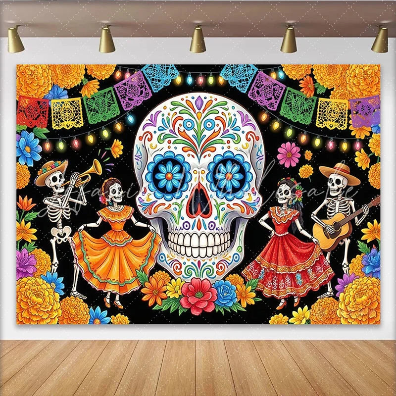 Lofaris Vibrant Mexican Fiesta Backdrop with Sugar Skull and Dancing Skeletons Festive Party Background for Cultural Event Photography
