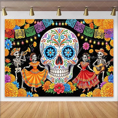 Lofaris Vibrant Mexican Fiesta Backdrop with Sugar Skull and Dancing Skeletons Festive Party Background for Cultural Event Photography
