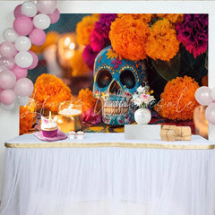 Lofaris Vibrant Mexican Fiesta Backdrop with Sugar Skull and Marigold Flowers Festive Day of the Dead Background for Party Decor